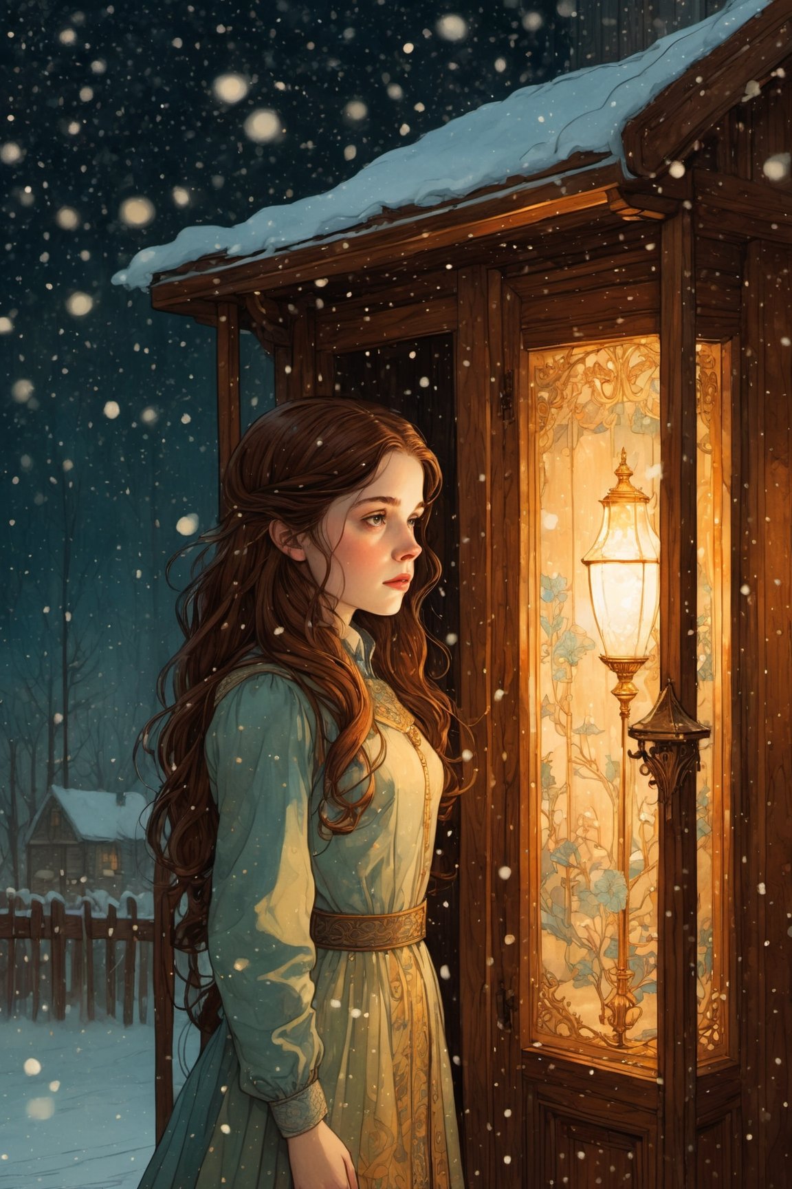 Lucy Pevensie from Narnia is getting out of an wooden Wardrobe and facing a cold snow storm, she looks to a single pole with a lamp lonely, by Victo Ngai, Sam Guay, Abigail Larson, intricate composition, delicate colors, artsation contest winner, masterpiece