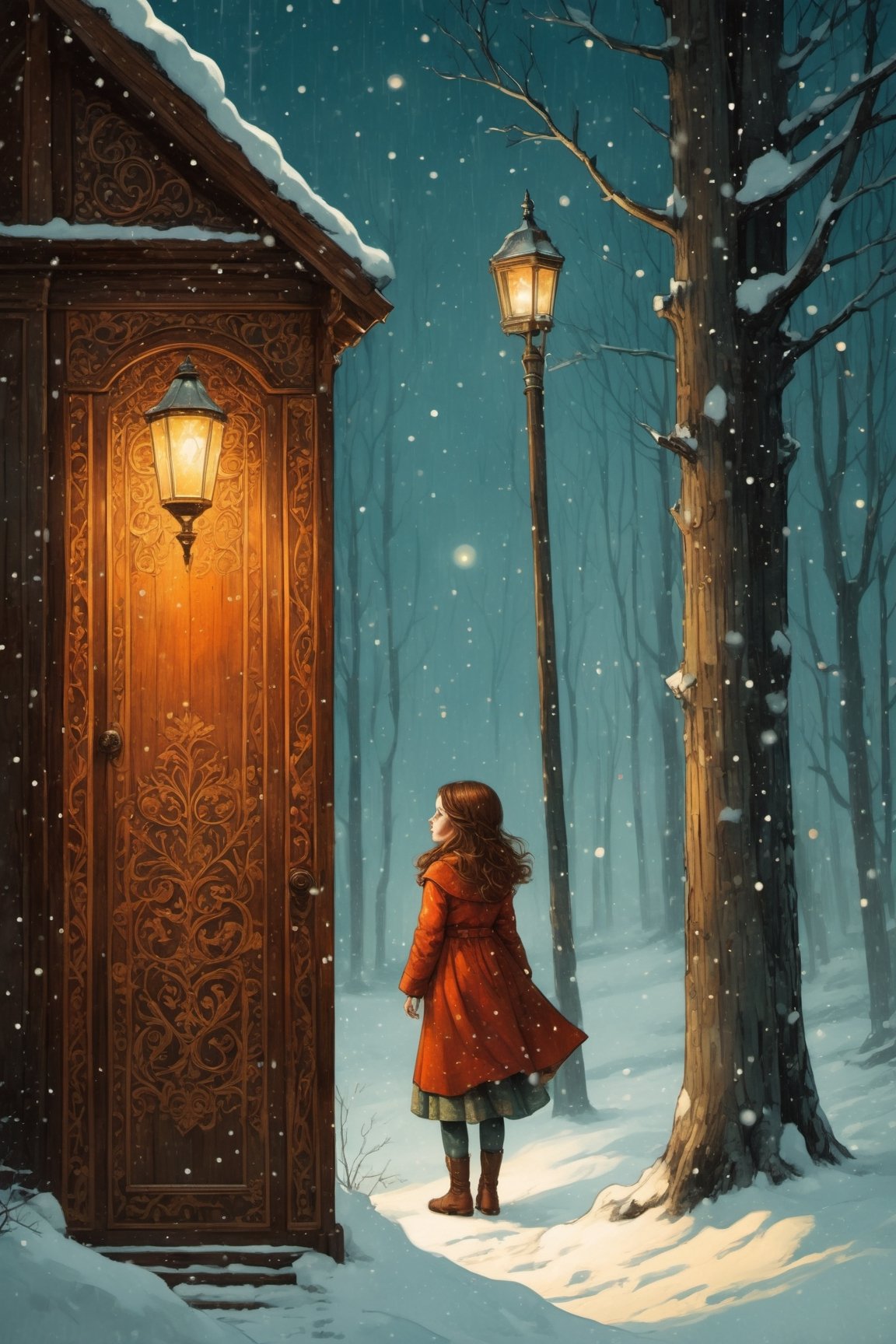 Lucy Pevensie from Narnia is getting out of an wooden Wardrobe and facing a cold snow storm, she looks to a single pole with a lamp lonely in the snow, far from the wardobre, by Victo Ngai, Sam Guay, Abigail Larson, intricate composition, delicate colors, artsation contest winner, masterpiece