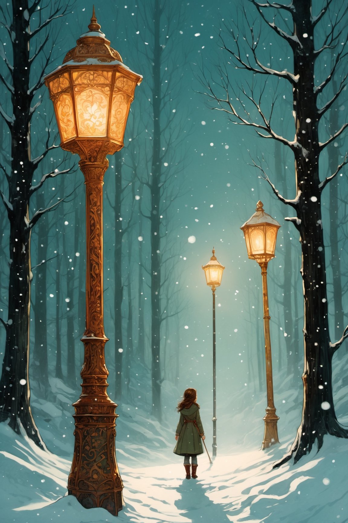 Lucy Pevensie from Narnia is facing a cold snow storm, she looks to a single pole with a lamp lonely in the snow, tall pole, snow cold forest, by Victo Ngai, Sam Guay, Abigail Larson, intricate composition, delicate colors, artsation contest winner, masterpiece