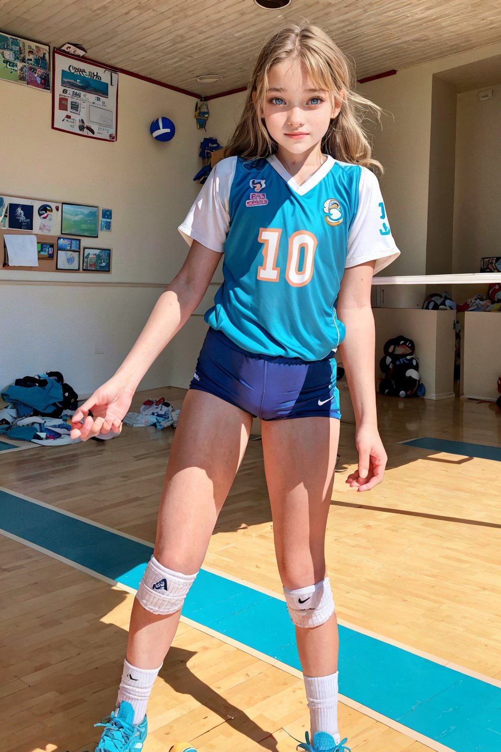 A quiet Afternoon at home. The 8-year-old volleyball Girl is surprised by Spontaneous Shot in her natural habitat. the camera captures a carefree moment. playfulness. surrounded by scattered plush toys and clothing scattered across the floor. She wears very colourful volleyball uniform and has natural pale blue eyes. Childlike charm.