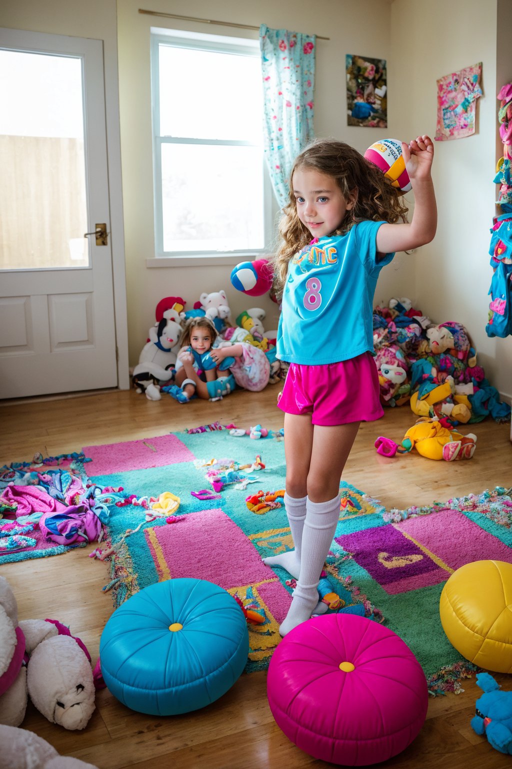 A quiet Afternoon at home. The 8-year-old tween Girl is surprised by Spontaneous Shot in her natural habitat. the camera captures a carefree moment. playfulness. surrounded by scattered plush toys and clothing scattered across the floor. She wears very colourful and volleyball clothing and has natural pale blue eyes. Childlike charm.