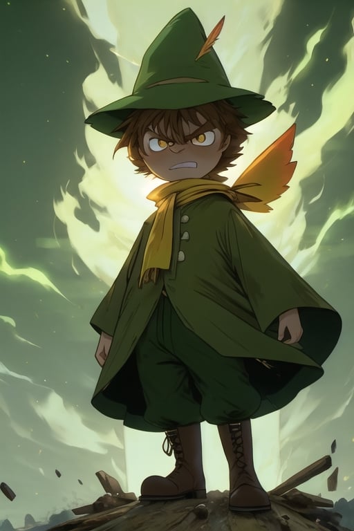 Snufkin, 1boy, human, short hair, brown hair, pointy nose, green coat, green pants, brown boots, green hat with yellow feather, yellow scarf, dark brown eyes, perfect anatomy, solo, (insanely detailed, beautiful detailed face, masterpiece, best quality, detailed, detailed background, 8k, 4k, detailed shaders, glow effect, play of light, high contrast), score_9, score_8_up, score_7_up, highest quality, 8K, RAW photo, source_anime, perfect face, r1ge, glowing, aura, energy, beam, flying debris, angry, (green theme:1.2), upper_body