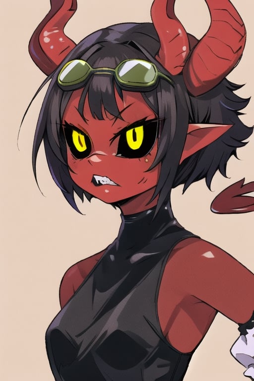 1girl, tiefling, ((colored skin, red skin)), yellow eyes, ((black sclera)), pointy ears, red horns, short hair, brown hair, sharp teeth, black sleeveless shirt, black shorts, black detached sleeves, rogue outfit, red demon tail, black boots, black fingerless gloves, ((goggles on head)), perfect anatomy, female_solo, (insanely detailed, beautiful detailed face, masterpiece, best quality, detailed, detailed background, 8k, 4k, detailed shaders, glow effect, play of light, high contrast), score_9, score_8_up, score_7_up, highest quality, 8K, RAW photo, source_anime, perfect face, cowboy_shot