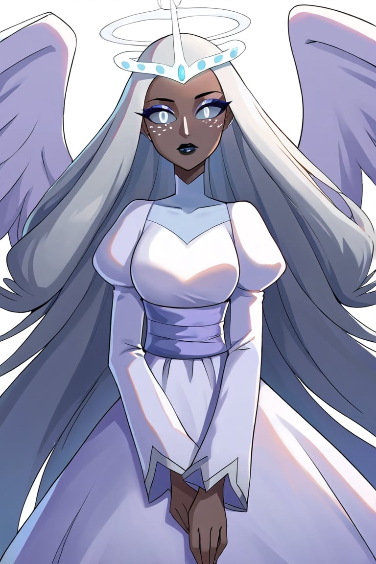 Sera, 1girl, angel, double halo, angel wings, white hair, long hair, dark skin, white freckles, gray sclera, white eyes, white facial markings, gray makeup, black lipstick, seraphim, mature female, light blue tiara, white dress, long sleeves, gray sash, juliet sleeves, turtleneck dress, perfect anatomy, female_solo, (insanely detailed, beautiful detailed face, masterpiece, best quality), score_9, score_8_up, score_7_up, highest quality, 8K, RAW photo, source_anime