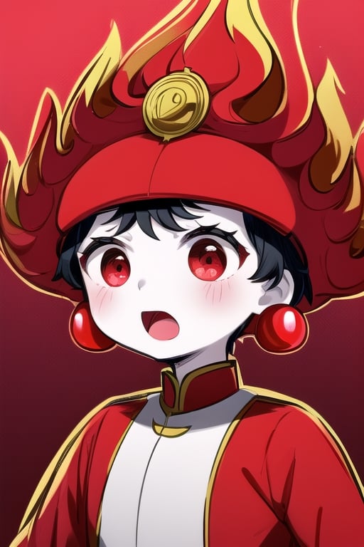 Huanhuan, 1boy, red eyes, triangle shaped nose, black nose, humanoid, white skin, black hair, (maroon helmet with red stripe and gold button), red earrings, red fire, white torso, (red limbs), perfect anatomy, solo, (insanely detailed, beautiful detailed face, masterpiece, best quality), DAGASI