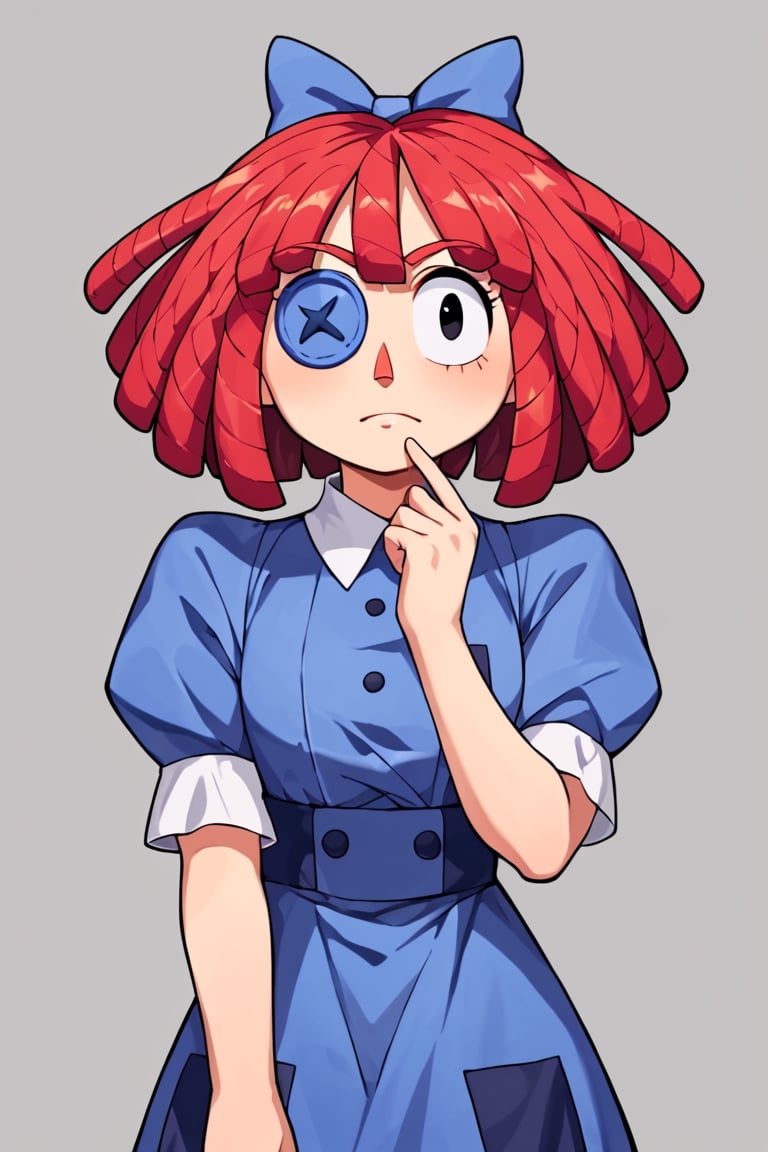 Ragatha, 1girl, medium hair, red hair, black eyes, blue button eyepatch, red triangle nose, short puffy sleeves, long blue dress with patches, blue hairbow, black shoes, white collar, ragdoll, perfect anatomy, female_solo, (insanely detailed, beautiful detailed face, masterpiece, best quality), (sharp), score_9, score_8_up, score_7_up, score_6_up, highest quality, 8K, RAW photo, source_anime, perfect face, perfect hands, absurdres, upper_body