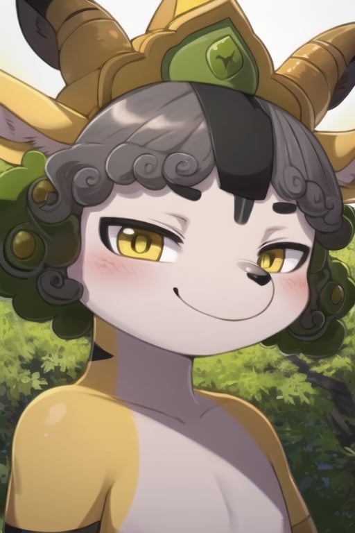 Yingying, 1boy, antelope, furry, yellow eyes, humanoid, slanted eyes, asian features, black animal nose, gray curly head hair, curly hair, yellow tiara, green headphones, yellow antelope antlers, horns, yellow antelope ears, white torso, (yellow limbs, black stripe in center of hair), kemono, perfect anatomy, solo, (insanely detailed, beautiful detailed face, masterpiece, best quality), score_9, score_8_up, score_7_up, smug expression