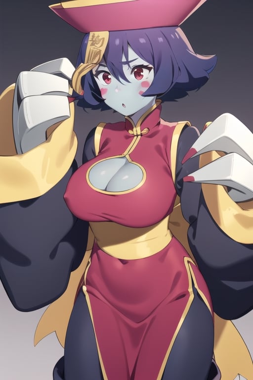 Hsien-Ko, 1girl, colored skin, yellow eyes, short hair, blue skin, breasts, flipped hair, large breasts, red eyes, purple hair, hair between eyes, blush, hat, jiangshi, chinese clothes, cleavage cutout, ofuda, cleavage, blush stickers, pants, pink headwear, dress, zombie, long sleeves, sash, wide sleeves, pink dress, sleeves past wrists, china dress, yellow sash, sharp metal claws, perfect anatomy, solo