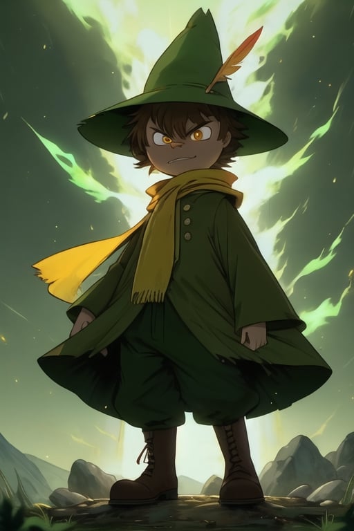 Snufkin, 1boy, human, short hair, brown hair, pointy nose, green coat, green pants, brown boots, green hat with yellow feather, yellow scarf, dark brown eyes, perfect anatomy, solo, (insanely detailed, beautiful detailed face, masterpiece, best quality, detailed, detailed background, 8k, 4k, detailed shaders, glow effect, play of light, high contrast), score_9, score_8_up, score_7_up, highest quality, 8K, RAW photo, source_anime, perfect face, r1ge, glowing, aura, energy, beam, flying debris, angry, (green theme:1.2), upper_body