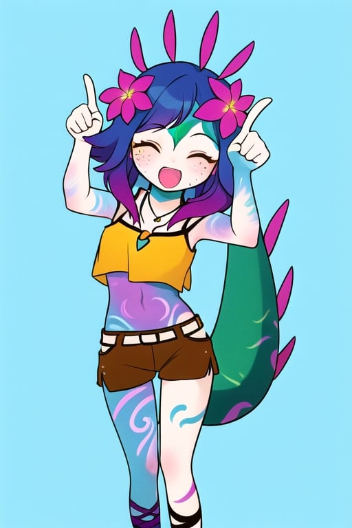 Neeko, 1girl, facial marks, hair ornaments, hair flower, necklace, brown shorts, crop top, multicolored skin, lizard tail, body paint, yellow eyes, perfect anatomy, female_solo, internet yamero, open mouth, finger raised, ^ ^, closed eyes, simple background