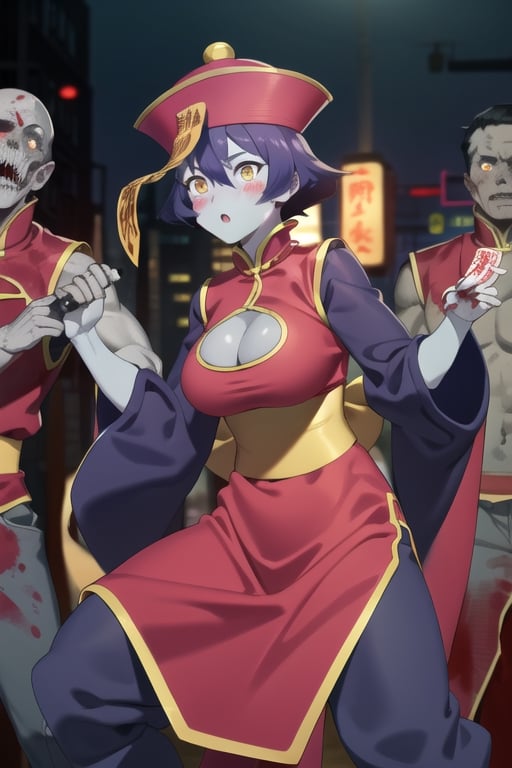 Hsien-Ko, 1girl, colored skin, yellow eyes, short hair, blue skin, breasts, flipped hair, large breasts, red eyes, purple hair, hair between eyes, blush, hat, jiangshi, chinese clothes, cleavage cutout, ofuda, cleavage, blush stickers, pants, pink headwear, dress, jiangshi, long sleeves, sash, wide sleeves, pink dress, sleeves past wrists, china dress, yellow sash, sharp metal claws, perfect anatomy, solo, zombie, ((multiple boys)), crowd, glowing eyes, undead, horror (theme), ugly man, glowing eyes, blood, zombie apocalypse, ruined city, trapped