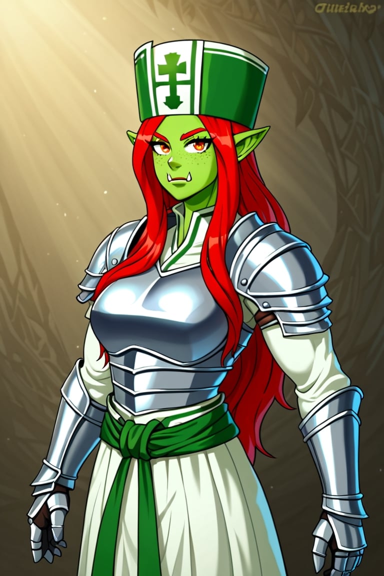 orc, 1girl, colored skin, green skin, orange eyes, freckles, red hair, long hair, ponytail, dreadlocks, pointy ears, fangs, tusks, long sleeves, white shirt, white skirt, ((white armored sash)), ((white and green armored boots)), ((white and green cleric hat)), cleric outfit, white cape, muscular, perfect anatomy, female_solo, (insanely detailed, beautiful detailed face, masterpiece, best quality, detailed, detailed background, 8k, 4k, detailed shaders, glow effect, play of light, high contrast), score_9, score_8_up, score_7_up, highest quality, 8K, RAW photo, source_anime, perfect face, upper_body