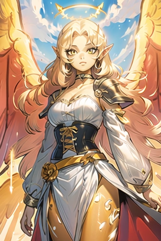 aasimar, 1girl, pointy ears, long light yellow hair, (colored skin, yellow skin), yellow eyes, yellow and white feathered wings, forehead, yellow waist cape, long white skirt, white feathered boots, yellow corset top, yellow belt, yellow detached sleeves, yellow halo, yellow choker, cleric outfit, fantasy goddess, glowing angelic being, female_solo, upper_body, (masterpiece, best quality)