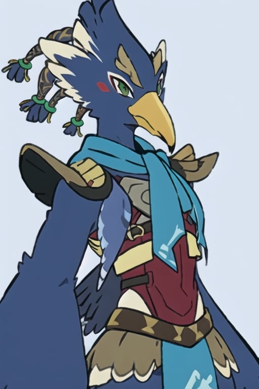 Revali, anthro, avian bird, beak, ((winged-arms)), green eyes, bird tail, armor, feathered wings, claws, tail, blue feathers, anklet, bird legs, rito, 1boy, perfect anatomy, solo, upper body, close up