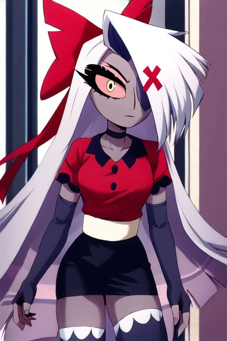 Vaggie, 1girl, gray skin, white hair, pink sclera, yellow pupils, long hair, red shirt, short sleeves, collared shirt, black choker, midriff, black skirt, white sash, grey elbow gloves, fingerless gloves, grey thighhighs, red hair bow, red hair ribbon, perfect anatomy, female_solo, (insanely detailed, beautiful detailed face, masterpiece, best quality), score_9, score_8_up, score_7_up, highest quality, 8K, RAW photo, boku_no_hero_academia_style