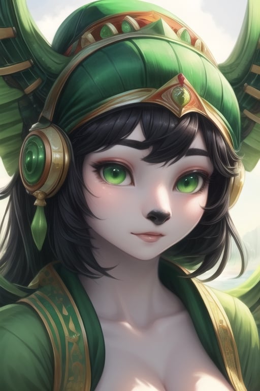 Nini, 1girl, green eyes, black hair, white torso, white skin, (green limbs), black nose, pale green earmuffs, green hat, humanoid, (green bird wings on head, green headdress), perfect anatomy, female_solo, (insanely detailed, beautiful detailed face, masterpiece, best quality)