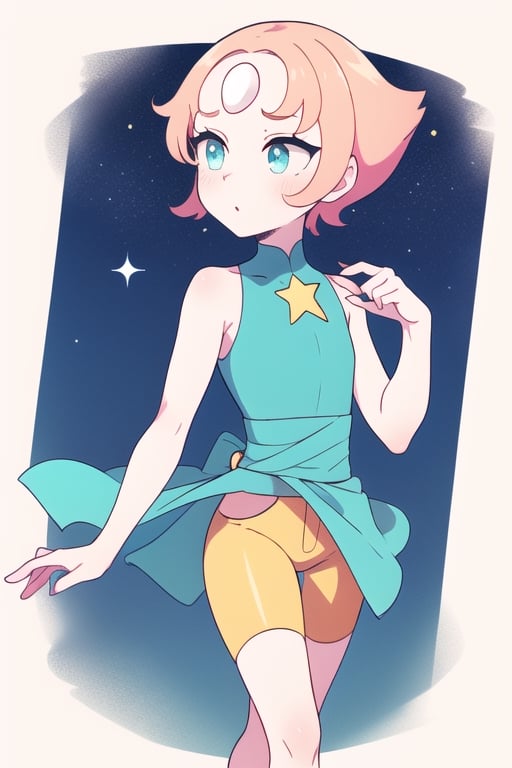 1girl, Pearl, pale, ivory complexion, light-cyan eyes, peach-colored hair, forehead gem, aqua blue tunic, cyan high-waist ribbon, yellow shorts, star emblem, swept-back hair, short hair, pearl gem, pointy nose, pink socks, light blue ballet flats, perfect anatomy, solo