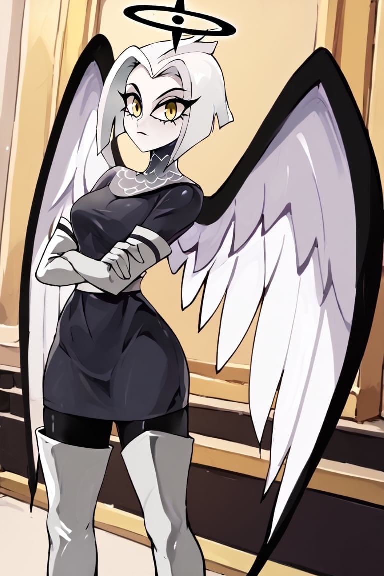 Lute, 1girl, angel, white hair, short hair, yellow eyes, black halo, colored skin, white skin, yellow eyes, black and white wings, small gray dress, black leggings, white thigh boots, chainmail collar, white sash, white elbow gloves, perfect anatomy, female_solo, (insanely detailed, beautiful detailed face, masterpiece, best quality), score_9, score_8_up, score_7_up, highest quality, 8K, RAW photo