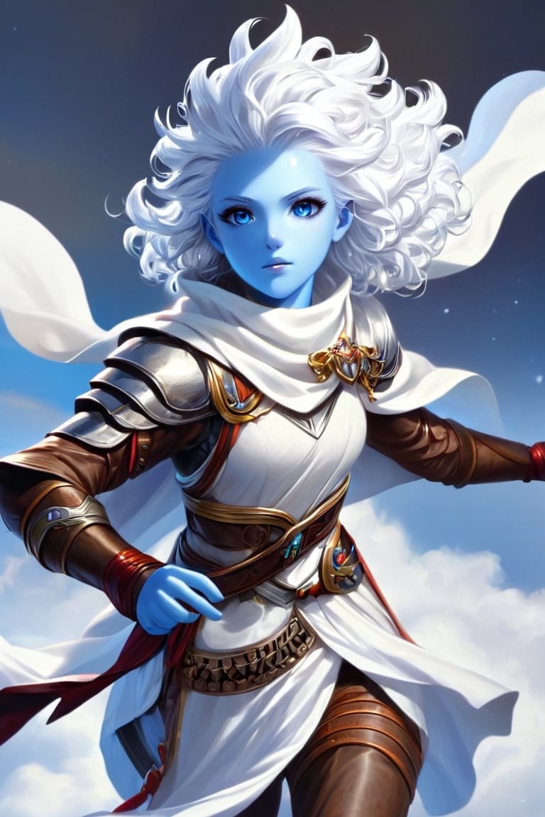 air genasi, 1girl, ((colored skin, light blue skin)), white eyes, curly white hair, afro hairstyle, silver armor headpiece, short brown dress, dark brown armored belt, long ((white sleeves, oversized sleeves)), brown pants, ((white fluffy leg warmers)), barefoot, white cape, white scarf, long ahoge, perfect anatomy, female_solo, (insanely detailed, beautiful detailed face, masterpiece, best quality, detailed, detailed background, 8k, 4k, detailed shaders, glow effect, play of light, high contrast), score_9, score_8_up, score_7_up, highest quality, 8K, RAW photo, source_anime, perfect face, concept art, upper_body