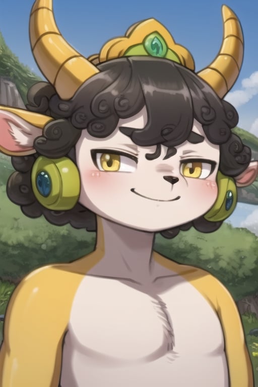 Yingying, 1boy, antelope, furry, yellow eyes, humanoid, slanted eyes, asian features, black animal nose, gray curly head hair, curly hair, yellow tiara, green headphones, yellow antelope antlers, horns, yellow antelope ears, white torso, (yellow limbs, black stripe in center of hair), kemono, perfect anatomy, solo, (insanely detailed, beautiful detailed face, masterpiece, best quality), score_9, score_8_up, score_7_up, smug expression