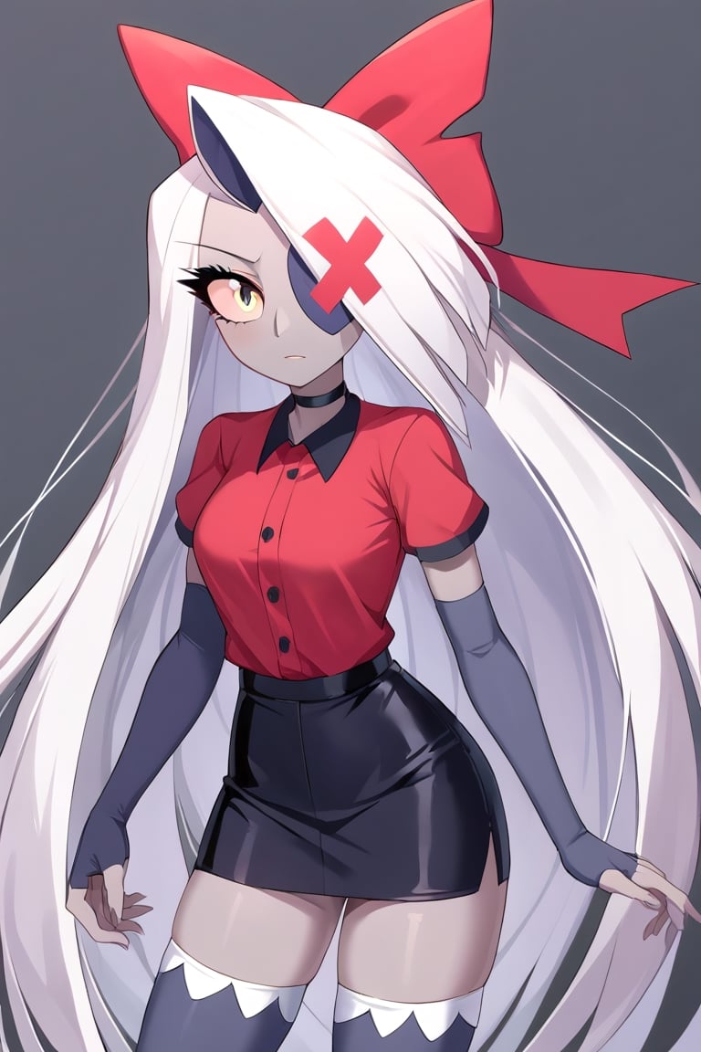 Vaggie, 1girl, gray skin, white hair, pink sclera, yellow eyes, long hair, red shirt, short sleeves, collared shirt, black choker, midriff, black skirt, grey elbow gloves, fingerless gloves, grey thighhighs, red hair bow, red hair ribbon, perfect anatomy, female_solo, (insanely detailed, beautiful detailed face, masterpiece, best quality), score_9, score_8_up, score_7_up, highest quality, 8K, RAW photo, source_anime