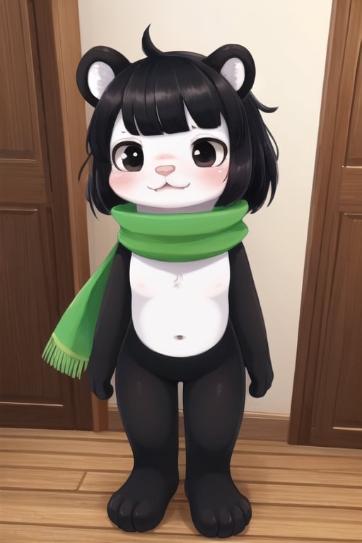 Miga, 1girl, furry, black eyes, (black body), (white torso), (white face), green scarf, animal feet, pink nose, black hair, hair bangs, white bear ears, blush stickers, forehead, kemono, perfect anatomy, female_solo, (insanely detailed, beautiful detailed face, masterpiece, best quality), standing