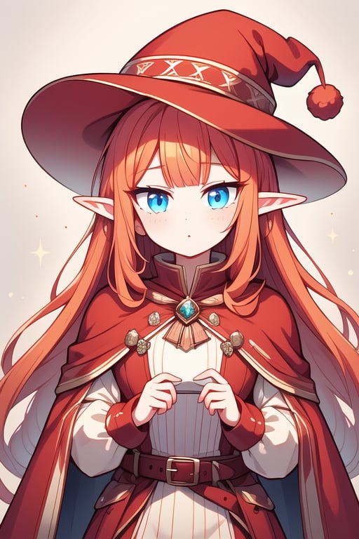 elf, 1girl, long hair, orange hair, hime haircut, blue eyes, long pointy ears, freckles, red witch hat, white belt, short maroon dress, long sleeves, ((red and white striped stockings)), red boots, red cape, bard outfit, perfect anatomy, female_solo, (insanely detailed, beautiful detailed face, masterpiece, best quality, detailed, detailed background, 8k, 4k, detailed shaders, glow effect, play of light, high contrast), score_9, score_8_up, score_7_up, highest quality, 8K, RAW photo, source_anime, perfect face, upper_body