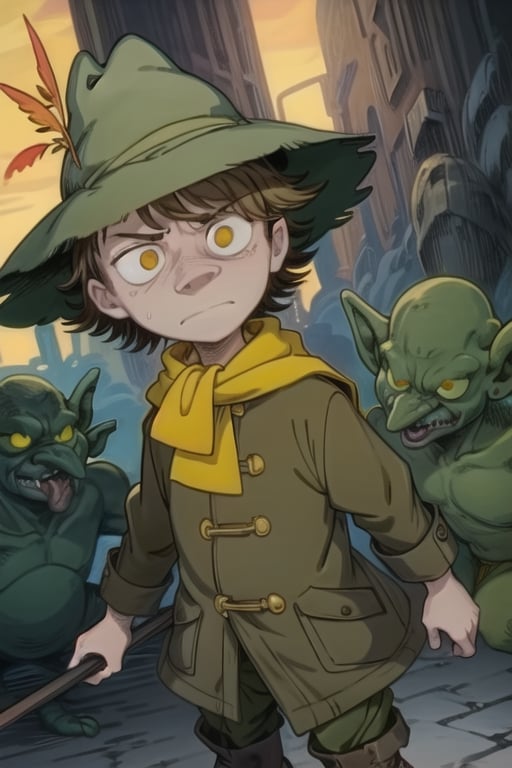 Snufkin, 1boy, human, short hair, brown hair, pointy nose, long sleeves, green coat, green pants, brown boots, green hat with yellow feather, yellow scarf, dark brown eyes, perfect anatomy, solo, (insanely detailed, beautiful detailed face, masterpiece, best quality), (sharp), score_9, score_8_up, score_7_up, score_6_up, highest quality, 8K, RAW photo, source_anime, perfect face, perfect hands, cowboy_shot, goblin, monster, glowing eyes, horror \(theme\), goblin horde