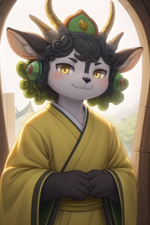 Yingying, 1boy, antelope, furry, yellow eyes, humanoid, slanted eyes, asian features, black animal nose, gray curly head hair, curly hair, yellow tiara, green headphones, yellow antelope antlers, horns, yellow antelope ears, white torso, (yellow limbs, black stripe in center of hair), perfect anatomy, solo, (insanely detailed, beautiful detailed face, masterpiece, best quality), kemono, yellow kimono