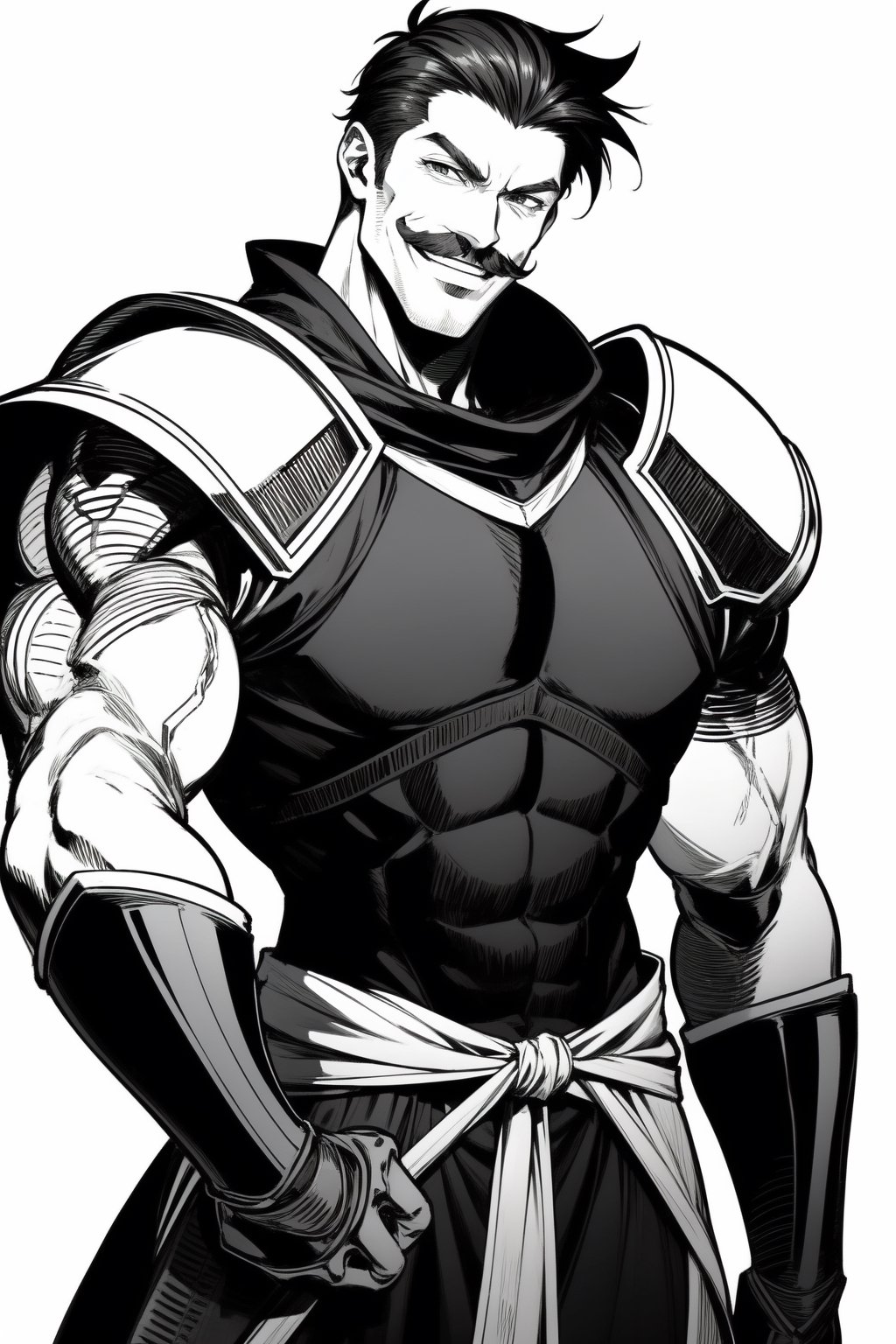 anime style, handsome male, short slick hair, very tall, muscular paladin, big moustache, smiling, big smile, wearing barbarian armor, arms crossed, on arm on waist. monochrome, white background, medieval armor, monochrome