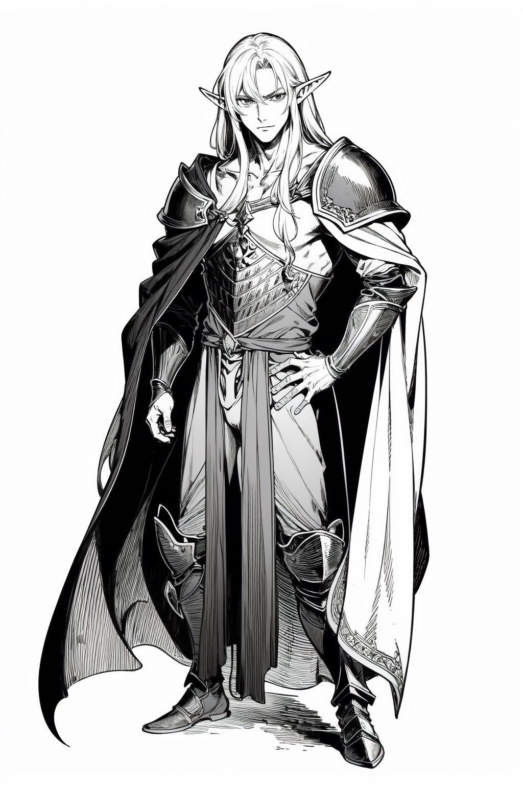 anime style, handsome male elf, long hair, very tall, elven cloak pulled down, neutral face, wearing leather shoulder armor in one shoulder. monochrome, white background, tolkien elf, monochrome,monochrome