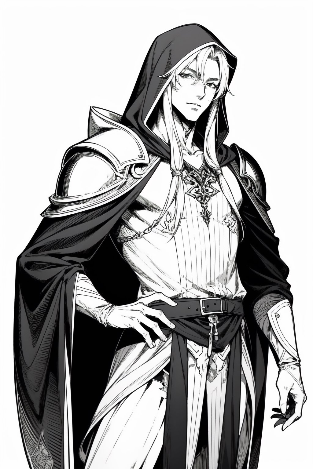anime style, handsome male elf, long hair, very tall, elven hood, neutral face, wearing leather shoulder armor in one shoulder. monochrome, white background, tolkien elf, monochrome