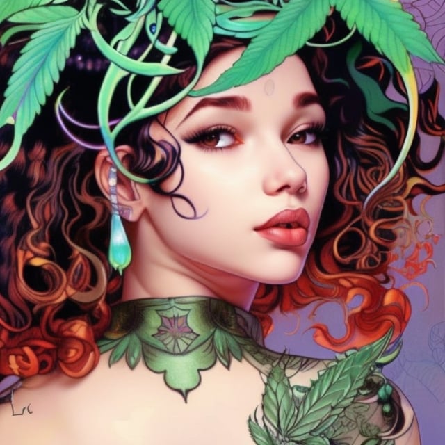 mehkadon ,album cover art ,curly hair,painting of a mehkadon with a lot of cannabis leaf in her hair, james jean and wlop, loish |, artgerm and james jean, james jean and peter mohrbacher, inspired by James Jean, by loish, benjamin lacombe, james jean andrei riabovitchev, james jean ”, james jean soft light 4k, james jean soft light 4 k