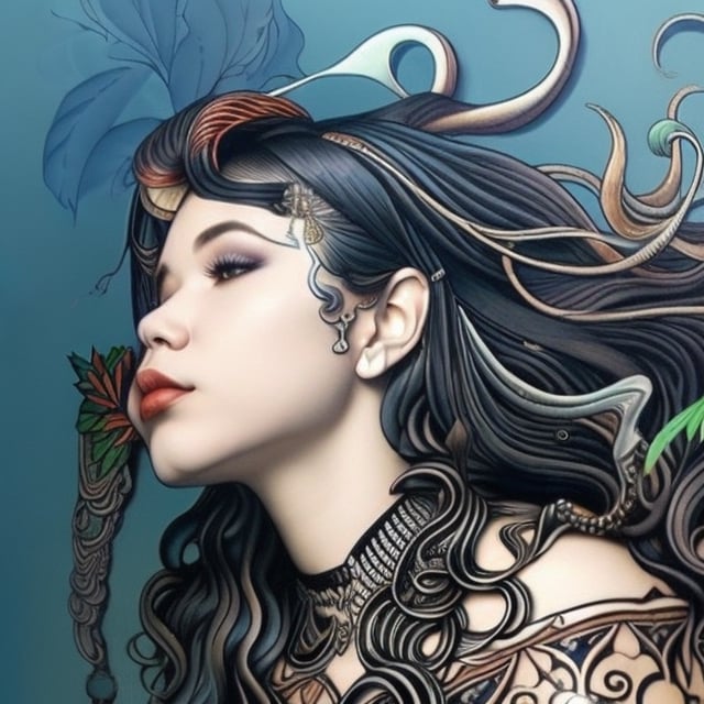 mehkadon , 88mm,painting of a mehkadon with a lot of cannabis leaf in her hair, james jean and wlop, loish |, artgerm and james jean, james jean and peter mohrbacher, inspired by James Jean, by loish, benjamin lacombe, james jean andrei riabovitchev, james jean ”, james jean soft light 4k, james jean soft light 4 k