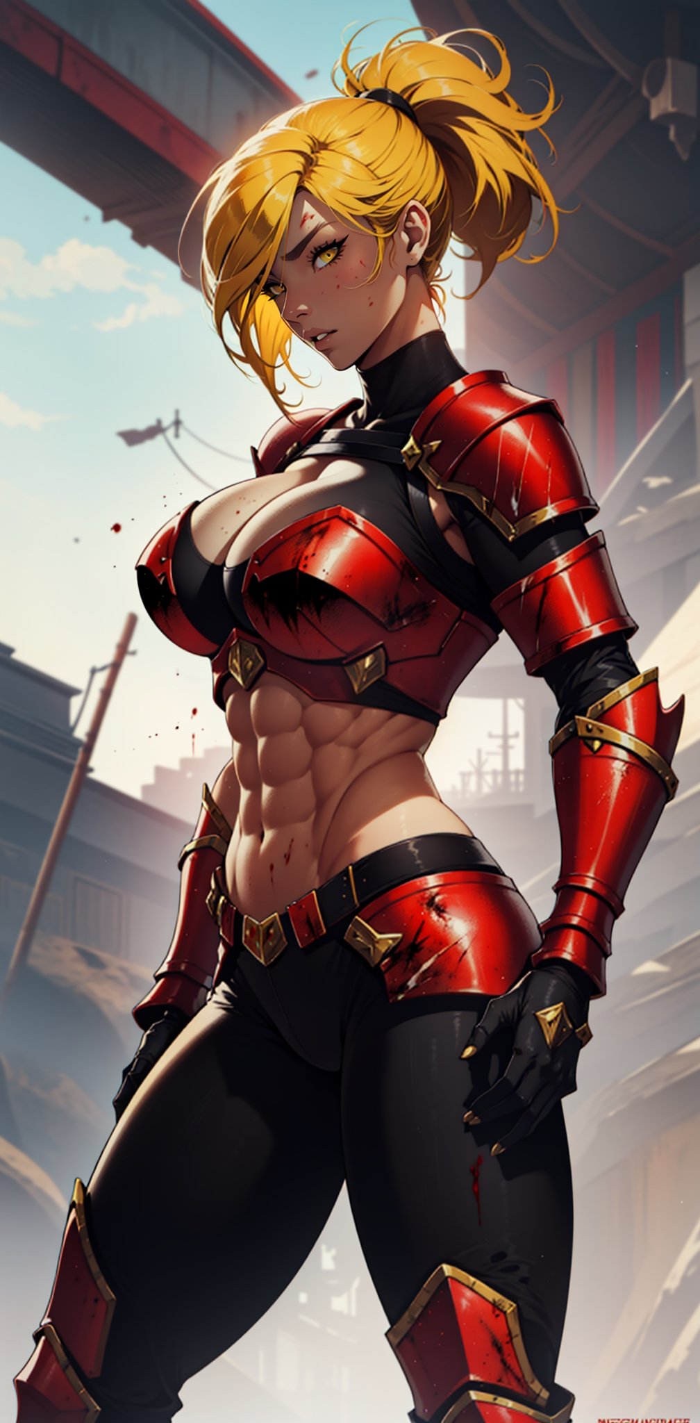 ((bimbo:1.4), (bursting breasts:1.4), (Gigantic breasts:1.4), (red armor:1.9), (blood:1.3), (muscular woman:1.9), (fantasy armor:1.9), (black armor:1.9), black leather, Leather thigh high boots, leather elbow gloves, black crop top, black gloves, leather crop top, (yellow hair:1.7), (messy ponytail:1.4), (exposed midriff:1.4), (massive breasts:1.9), huge breasts, cleavage, high detail, long legs, bare shoulders, strapless, yellow eyes, (Gigantic breasts:1.7), (Massive breasts:1.4), (muscular woman:1.2), huge breasts, high detail, long legs, (athletic woman:1.4), (very tiny waist:1.4), Beautiful detailed face, best quality, (thin hips:1.2), (thin legs:1.2), tiny waist, firm lips, full lips, thin waist, Big breasts, sanpaku eyes, high resolution, high quality, ,Hair over eyes,Shadman  