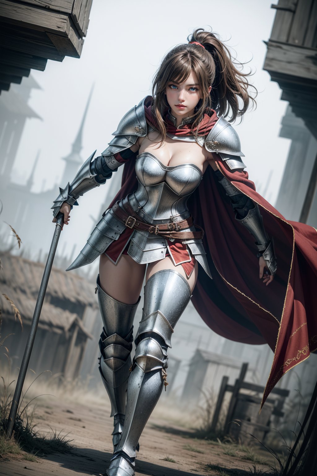 (Dynamic pose:1.3), (dynamic angle:1.2), (dutch angle:1.2), (red armor:1.2), (knight armor:1.3), (full body armor), (greaves), (brown leather pants), (muscular woman), (fantasy armor:1.2), (black armor:1.2), brown leather, (dark blonde hair:1.1), (bangs ponytail:1.1), high detail, long legs, bare shoulders, strapless, blue eyes, high detail, long legs, Beautiful detailed face, best quality, tiny waist, firm lips, full lips, thin waist, sanpaku eyes, high resolution, high quality, ,Hair over eyes, (knight), (fantasy_armor), (fantasy city), (cloak), high detail, best quality, sharp eyes, detailed eyes, 4k, semi realistic, high resolution, high quality, ,Detailedface