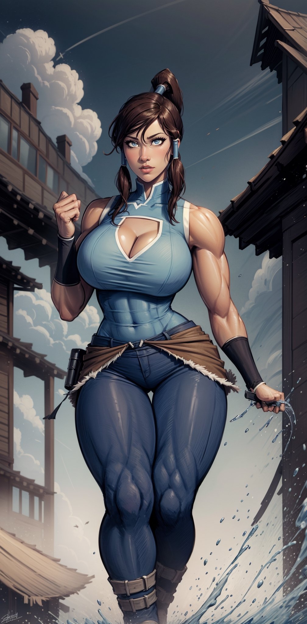 (korra), (dark skin), (dark-skinned female), (ponytail), (hair tubes), (sleeveless), (brown hair), (blue eyes), (bare shoulders), (Gigantic breasts), (gigantic cleavage), (brown pants), (baggy pants), (muscular woman), (ponytail), (gigantic breasts), (huge breasts), high detail, long legs, (Gigantic breasts), (Massive breasts), (muscular woman:1.2), huge breasts, high detail, long legs, (athletic woman), (very tiny waist:1.4), Beautiful detailed face, best quality, (layered hair), tiny waist, firm lips, full lips, thin waist, Big breasts, sanpaku eyes, high resolution, high quality, (bangs), (exposed shoulders), korra,korra