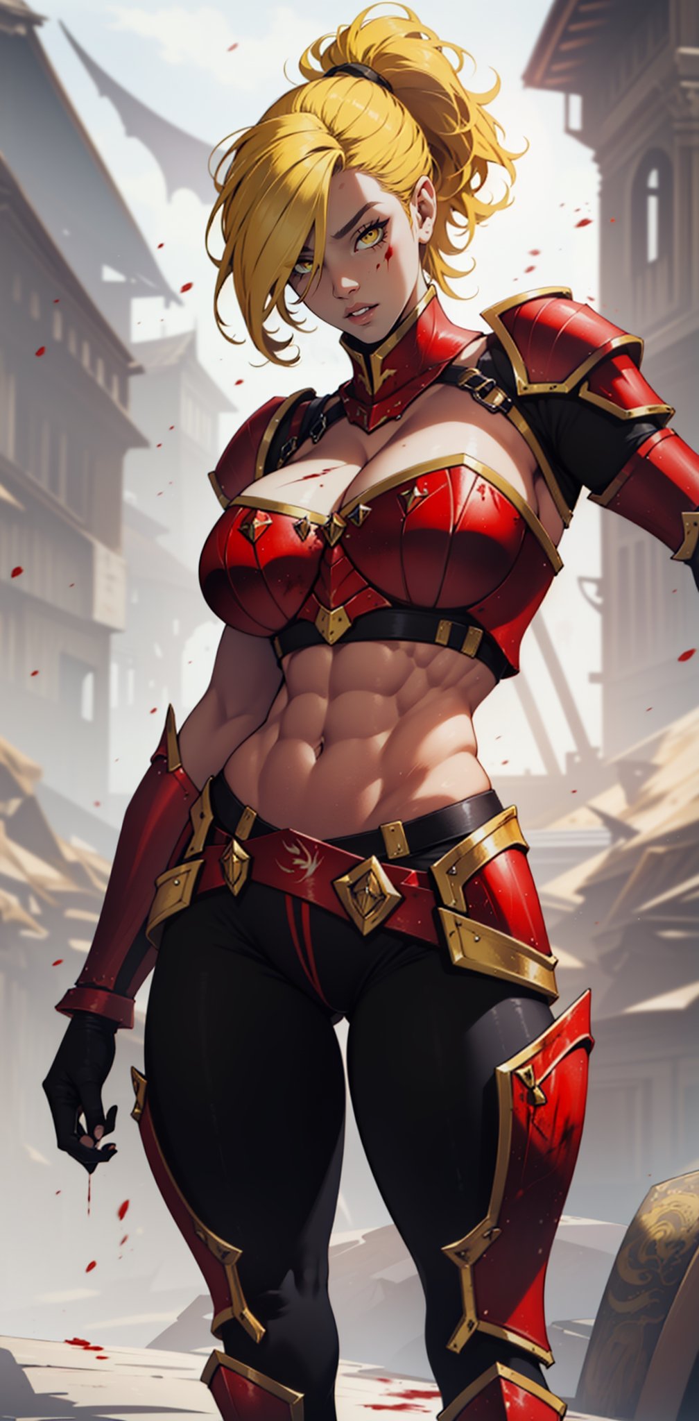 ((bimbo:1.4), (bursting breasts:1.4), (Gigantic breasts:1.4), (red armor:1.9), (blood:1.3), (muscular woman:1.9), (fantasy armor:1.9), (black armor:1.9), black leather, Leather thigh high boots, leather elbow gloves, black crop top, black gloves, leather crop top, (yellow hair:1.7), (messy ponytail:1.4), (exposed midriff:1.4), (massive breasts:1.9), huge breasts, cleavage, high detail, long legs, bare shoulders, strapless, yellow eyes, (Gigantic breasts:1.7), (Massive breasts:1.4), (muscular woman:1.2), huge breasts, high detail, long legs, (athletic woman:1.4), (very tiny waist:1.4), Beautiful detailed face, best quality, (thin hips:1.2), (thin legs:1.2), tiny waist, firm lips, full lips, thin waist, Big breasts, sanpaku eyes, high resolution, high quality, ,Hair over eyes,Shadman  