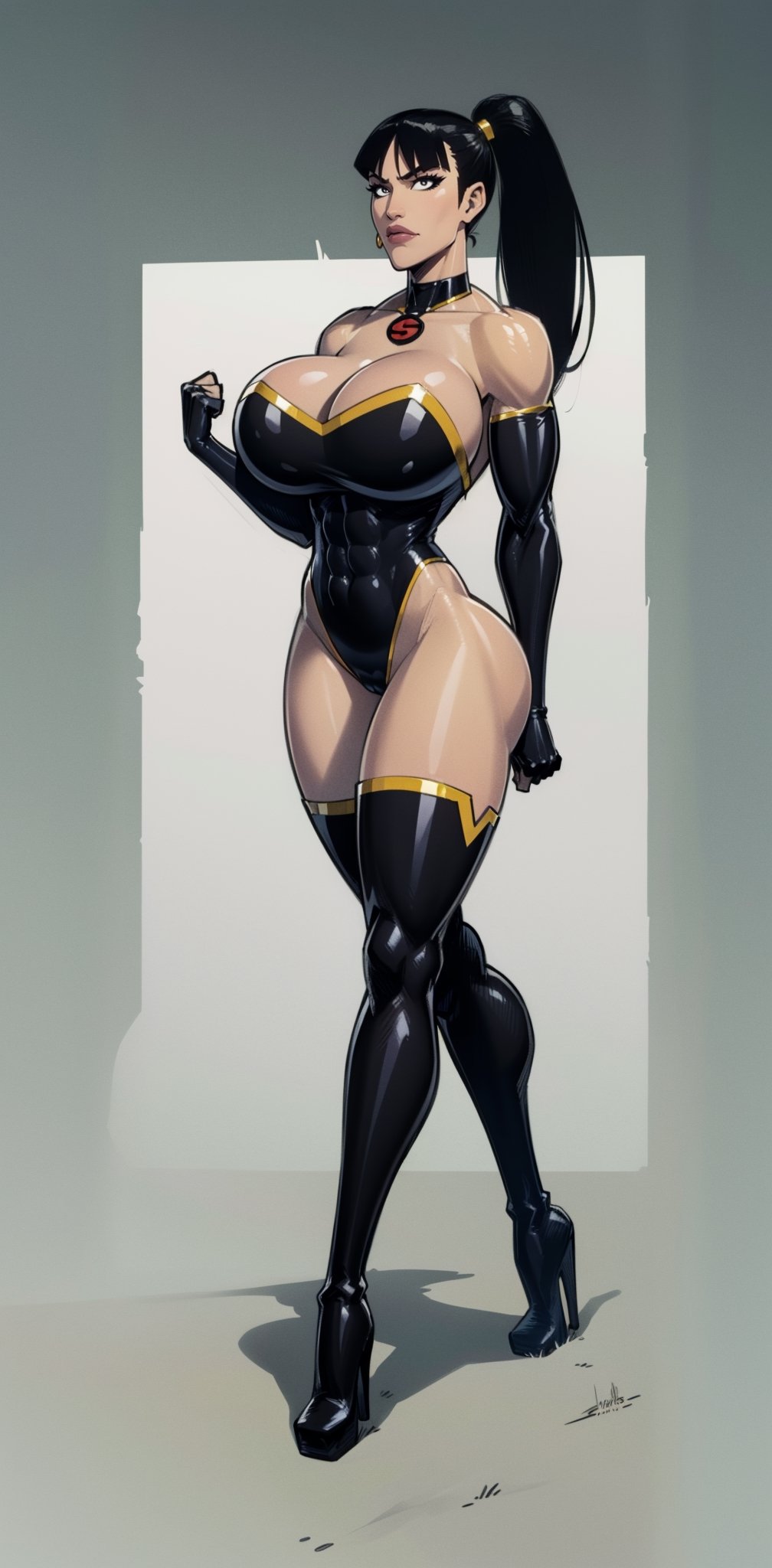 (black hair), black leotard, (black gloves:1.2), (elbow length gloves:1.2), (bare shoulders), skin tight, latex, shiny, (shoulder length hair), (black boots:1.2), (high-heel boots), (thigh high boots:1.2), (Gigantic breasts), (gigantic cleavage), (muscular woman:1.2), black leather, Leather catsuit, (ponytail), (gigantic breasts), (huge breasts), high detail, long legs, (Gigantic breasts), (Massive breasts), (muscular woman:1.2), huge breasts, high detail, long legs, (athletic woman), (very tiny waist:1.4), Beautiful detailed face, best quality, (layered hair), tiny waist, firm lips, full lips, thin waist, Big breasts, sanpaku eyes, high resolution, high quality, (bangs), (exposed shoulders),superwoman (mary batson)