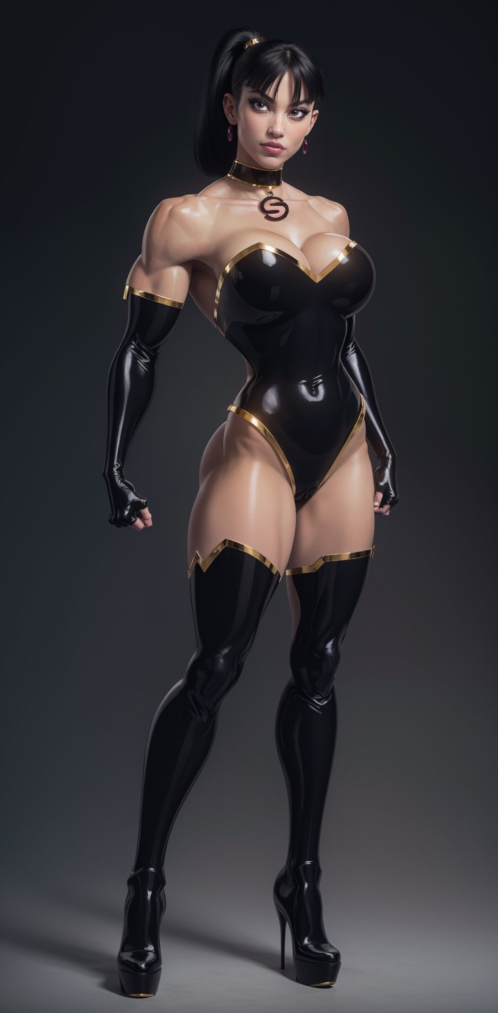 (black hair), black leotard, (black gloves:1.2), (elbow length gloves:1.2), (bare shoulders), skin tight, latex, shiny, (shoulder length hair), (black boots:1.2), (high-heel boots), (thigh high boots:1.2), (Gigantic breasts), (gigantic cleavage), (muscular woman:1.2), black leather, Leather catsuit, (ponytail), (gigantic breasts), (huge breasts), high detail, long legs, (Gigantic breasts), (Massive breasts), (muscular woman:1.2), huge breasts, high detail, long legs, (athletic woman), (very tiny waist:1.4), Beautiful detailed face, best quality, (layered hair), tiny waist, firm lips, full lips, thin waist, Big breasts, sanpaku eyes, high resolution, high quality, (bangs), (exposed shoulders),superwoman (mary batson)