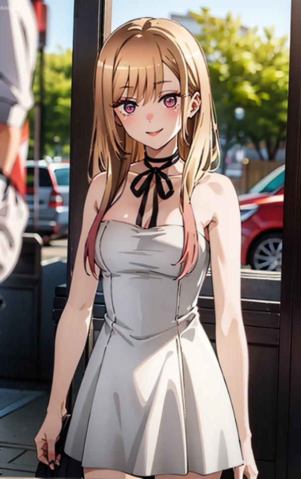 (masterpiece), best quality, high resolution, extremely detailed, detailed background, cinematic lighting, outdoor, ((marin_kitagawa (my_dress_up_darling))), marin_kitagawa, breasts, ((high_res)), ((best_quality)), eyebrows visible through hair, fucsia eyes, long hair, looking at viewer, smile, medium breasts, blonde hair, (choker_black), naked, no_clothes, nude,