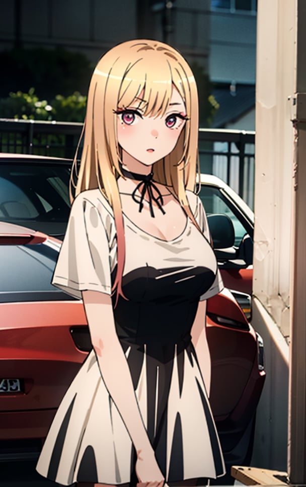 (masterpiece), best quality, high resolution, extremely detailed, detailed background, cinematic lighting, outdoor, ((marin_kitagawa (my_dress_up_darling))), marin_kitagawa, breasts, ((high_res)), ((best_quality)), eyebrows visible through hair, fucsia eyes, long hair, looking at viewer, medium breasts, blonde hair, (choker_black), t shirt white, 
