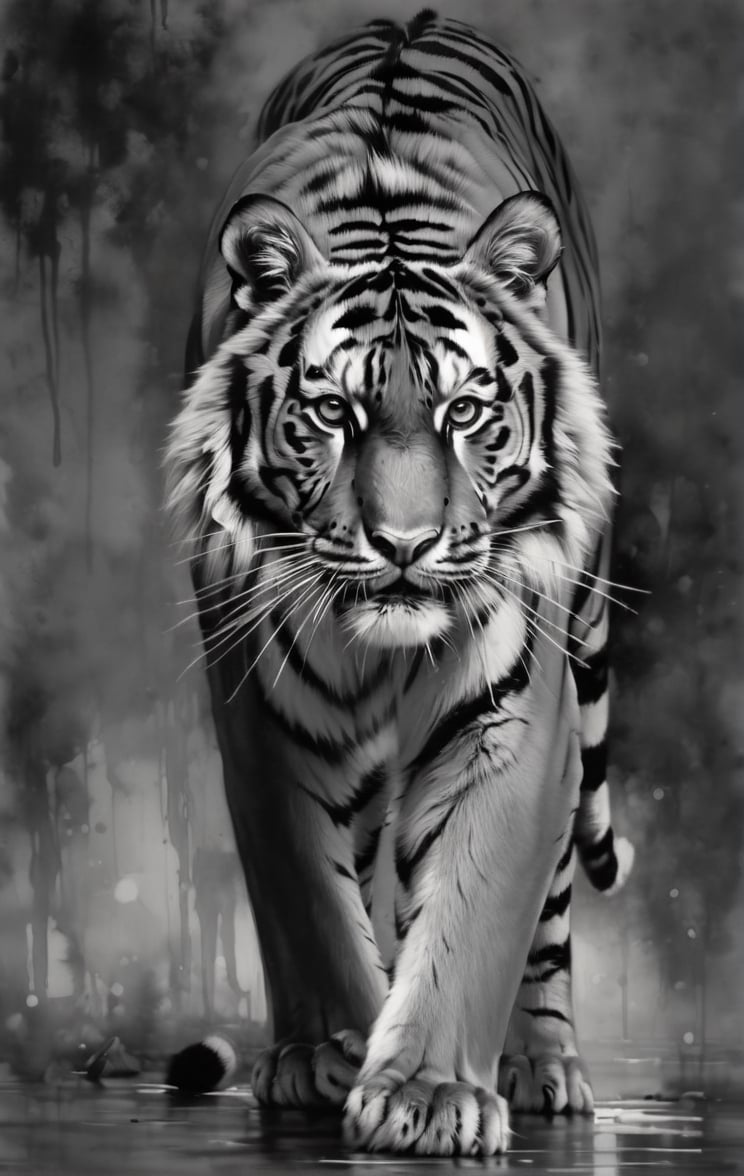 a drawing of a tiger it is black and white, in the style of mark lague, hyper-realistic portraits, sam spratt, brent heighton, captivating gaze, cyclorama, crisp and clean ,perfect contrast,dripping paint,