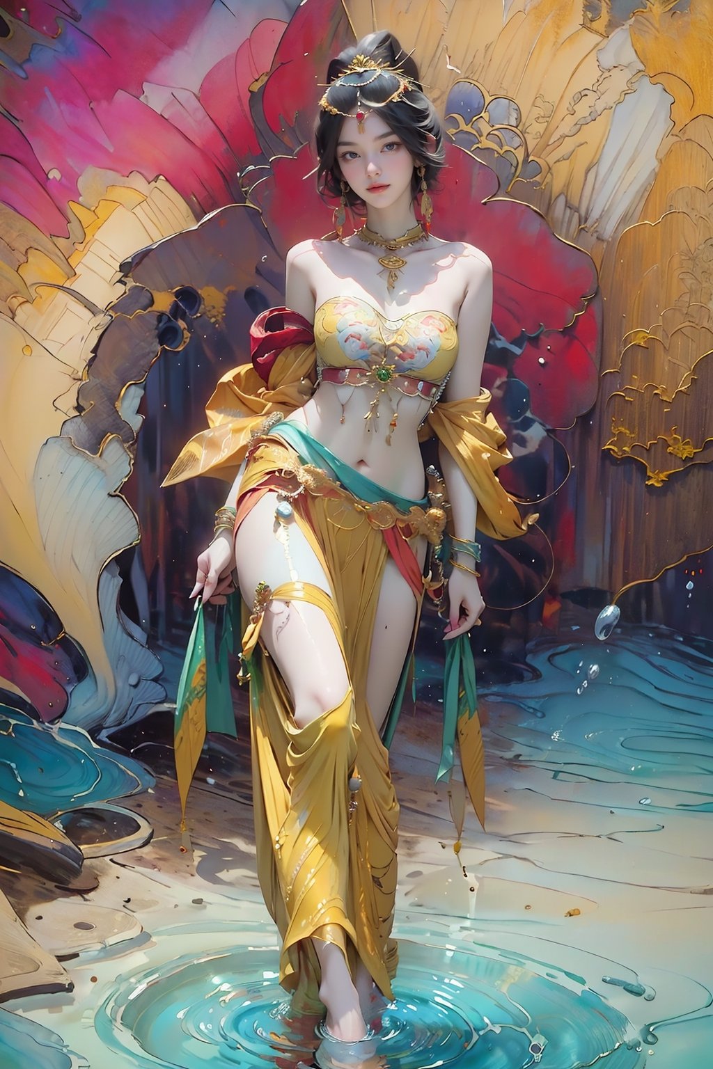 extreme detailed, (masterpiece), (top quality), (best quality), (official art), (beautiful and aesthetic:1.2), (stylish pose), (1 woman), (fractal art:1.3), (colorful), (burgundy-yellow theme: 1.2), ppcp, 七分裙, show navel ,perfect,ChineseWatercolorPainting