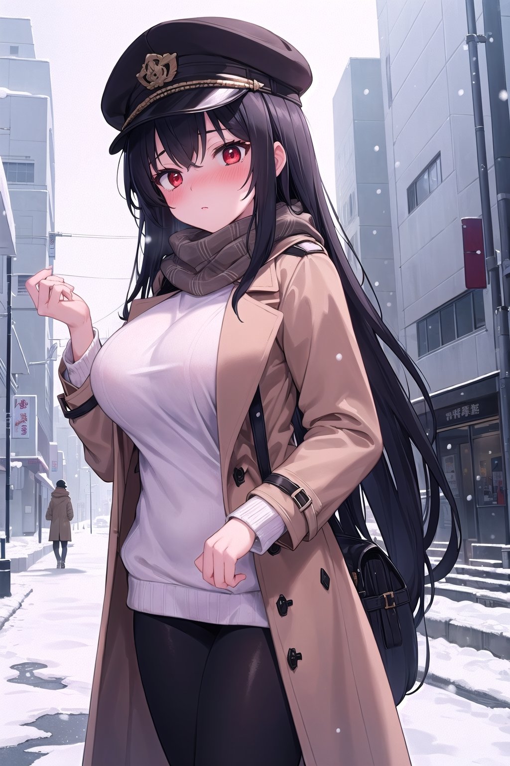 (Masterpiece, epic scene, encounter), 1girl, tall, adult, black hair, very long hair, red eyes, brown trench coat, white worsted sweater, gray scarf, high black leggings, black baker boy cap, big breasts, in winter, standing outside a building, streets of Tokyo, snowing, blushing.