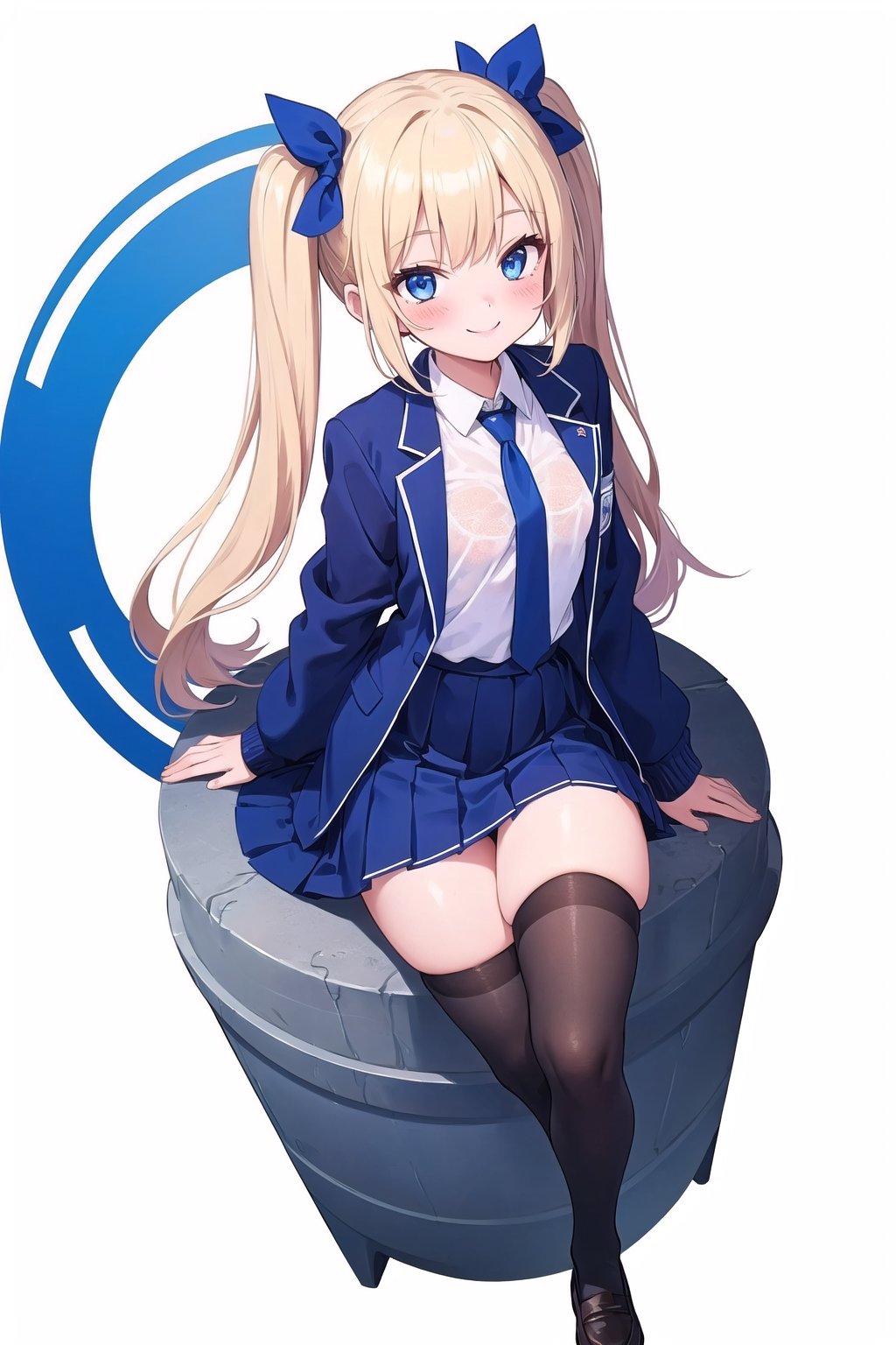 conceptual design, white background, 1girl, blonde hair, two ponytails, long hair, blue bows, tiny waist, small breasts, dark blue jacket, dark blue school uniform, blue tie, white shirt, black leg stockings, full body, smiling, blush, blue eyes.