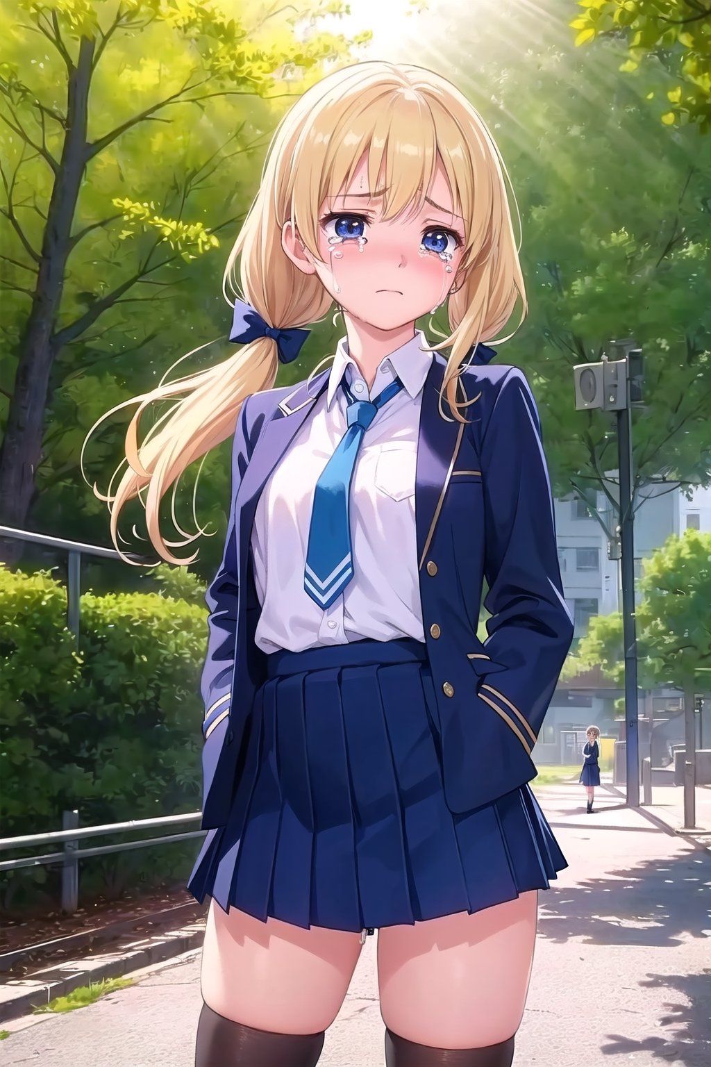 1girl, blonde hair, two ponytails, two blue bows, small breasts, tiny waist, school uniform, dark blue uniform, dark blue jacket, unbuttoned school jacket, white shirt, dark blue tie, black stockings, crying, sad expression, tears, outside a school, school background, trees, sun rays, cinematic scene, realistic background, masterpiece.