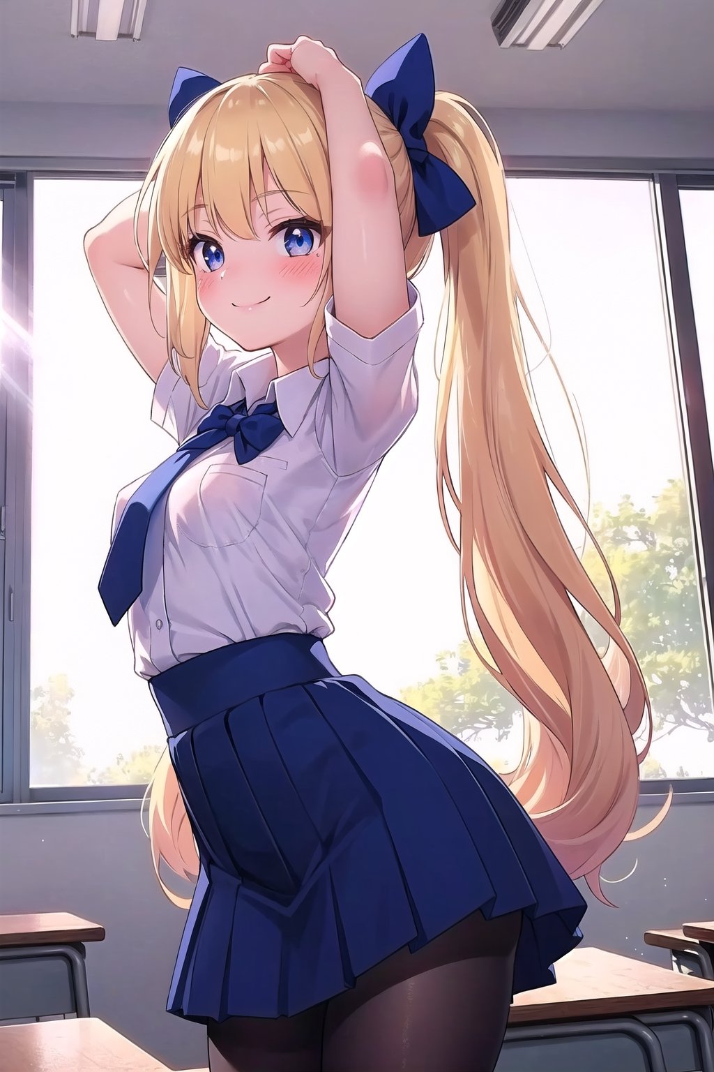 1girl, blonde hair, long hair, two ponytails, two blue bows, school uniform, dark blue uniform, blue tie, black tights, small breasts, tiny waist, in classroom, background window, brightly lit, sunlight, cinematic, masterpiece, white shirt, front view, symmetrical view, arms extended, arms at sides, blushing, tender, smiling.