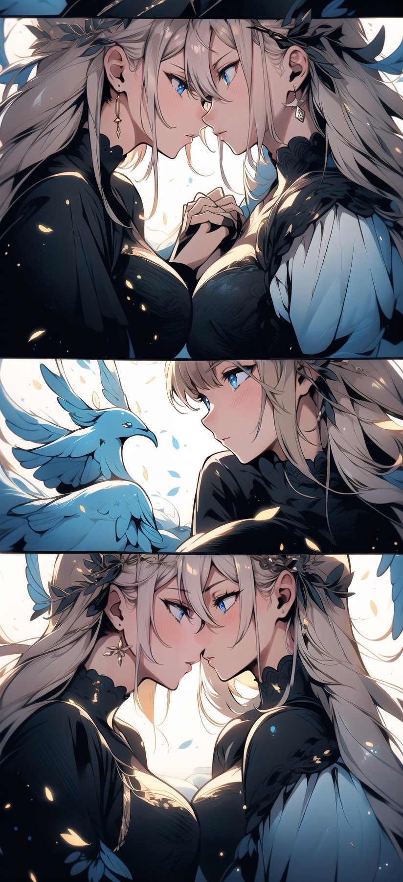 Two lady's, lovers, lesbians, holding hands, kissing each, vivid colors, ((four panel comic without text)),  