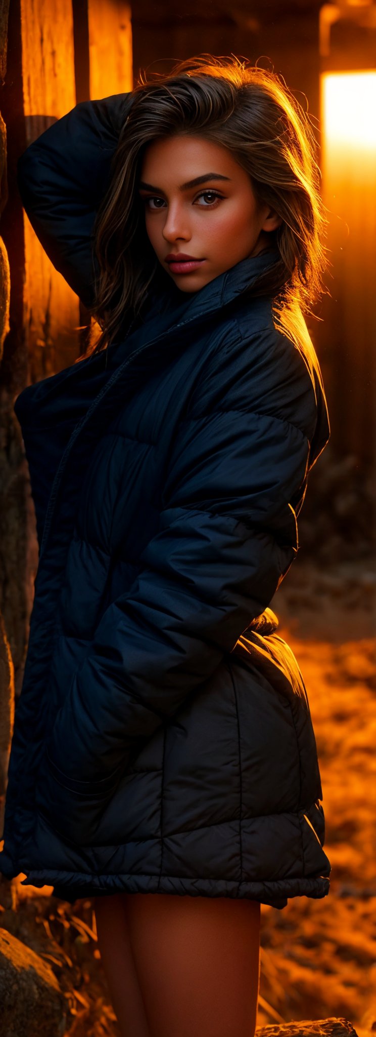 Cute girl, donning long locks and a grey winter coat, rustic wood log amidst the picturesque snowing Swiss mountains., 